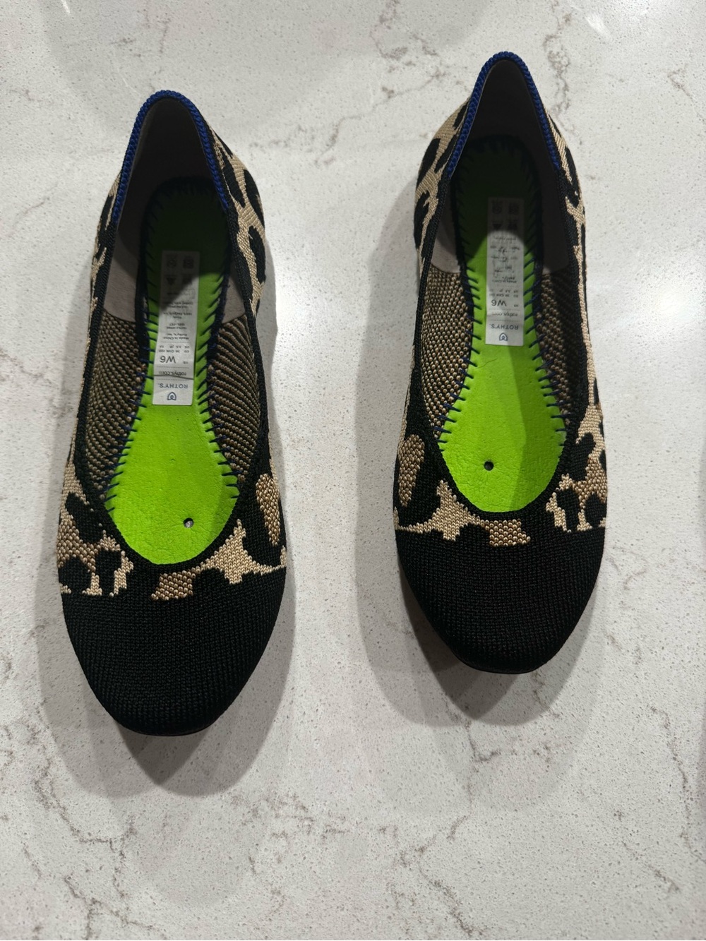 Rothy's Black and Beige Knit Leopard-Print Ballet Flats